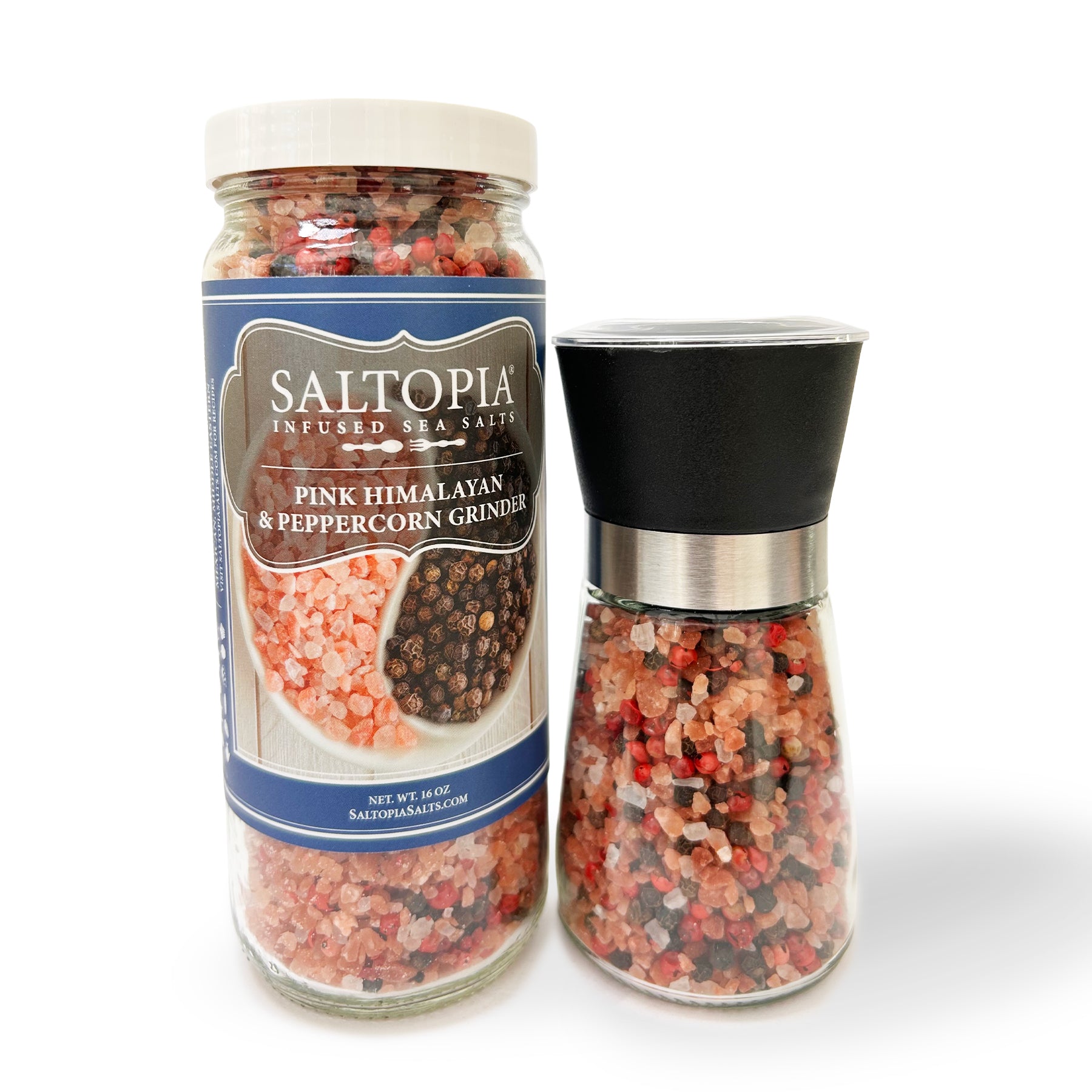 Pink Himalayan & Gourmet Peppercorn Grinder Set – SALTOPIA Infused
