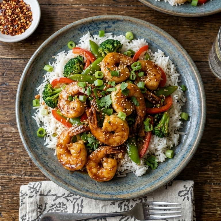 Honey garlic shrimp glazed with SALTOPIA Hot Honey and Garlic Salt: MOUTH FULL OF MAGIC, served as a quick and flavorful weeknight dinner.