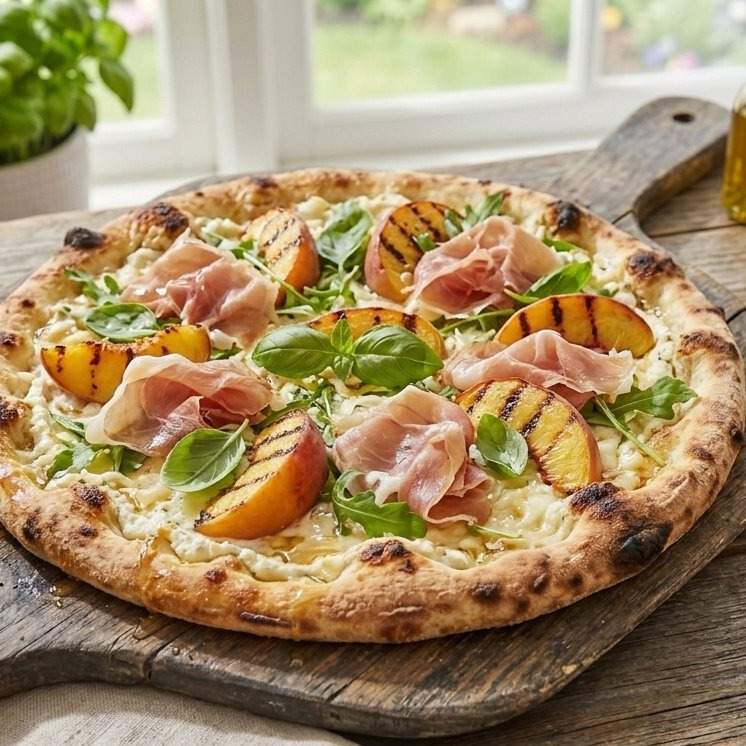 Grilled Peach & Prosciutto Pizza with SALTOPIA's Parmesan Black Truffle Seasoning