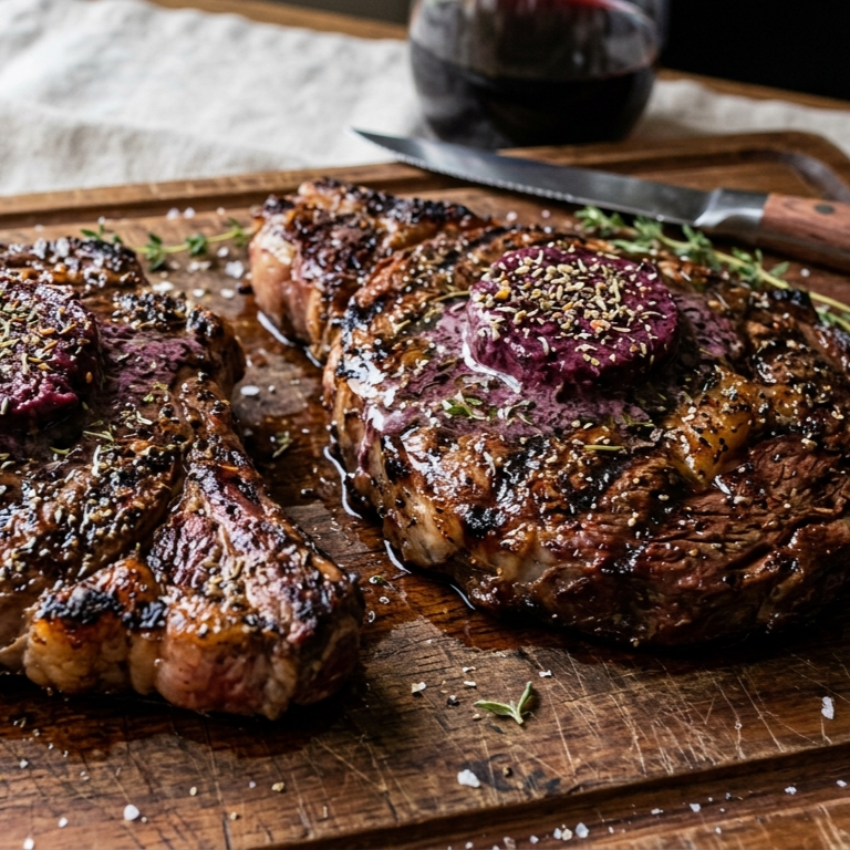 Cabernet-Rubbed Ribeye with Herb Butter