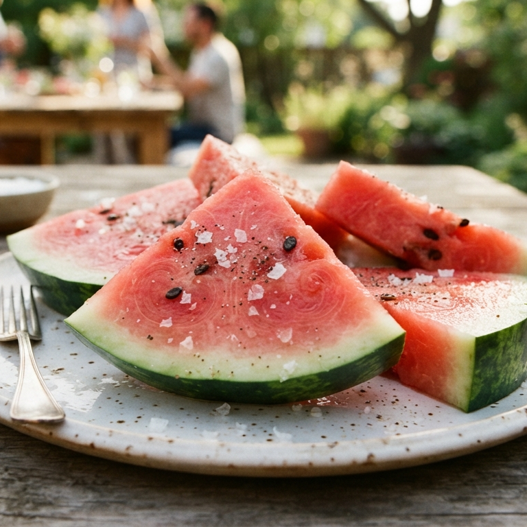 Fresh watermelon slices topped with flaky sea salt on a speckled ceramic plate at an outdoor summer gathering