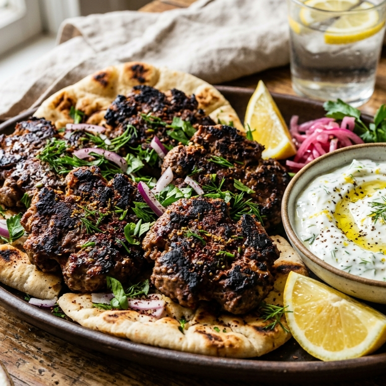 Smashed Beef Kebabs with Za'atar, ROOT MATES & Celebration Cucumber Sauce