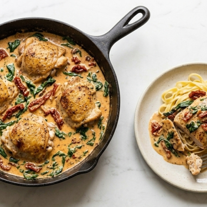 One Pan Tuscan Chicken with Mouth Full of Magic Garlic Salt