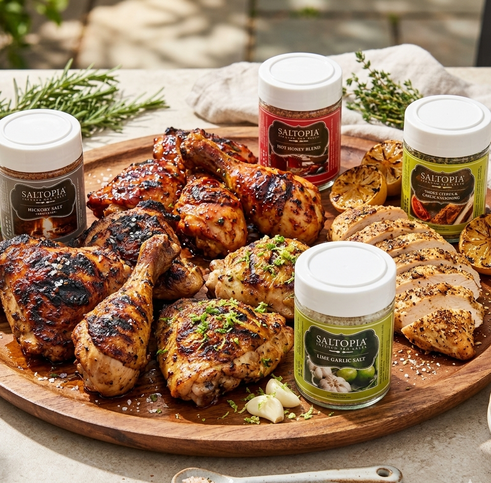 Grilled meats seasoned with SALTOPIA BBQ for summer grilling.