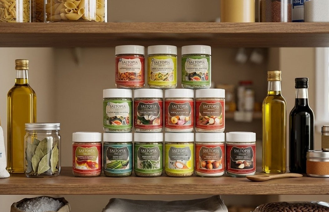 Pantry Staples from SALTOPIA including Italian Herbs, Lemon, Onion, Garlic salts.