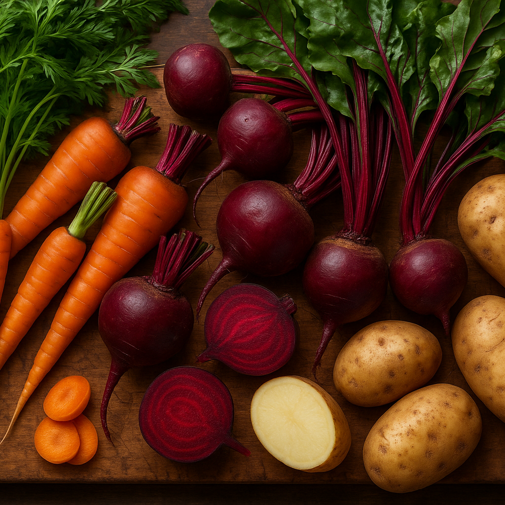 Carrots, beets, and potatoes seasoned with SALTOPIA infused sea salt, caramelized and deeply fragrant