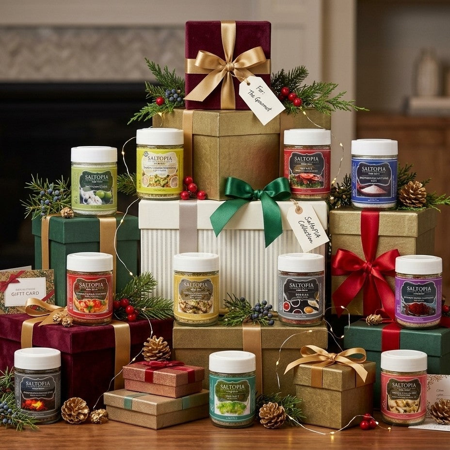 Holiday gift sets featuring SALTOPIA infused sea salts and gourmet seasonings.