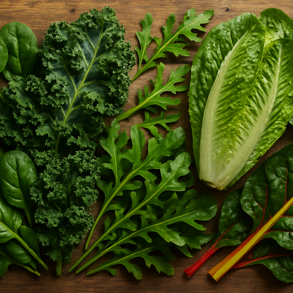 Fresh leafy green vegetables including spinach, kale, and collard greens seasoned with SALTOPIA infused sea salt