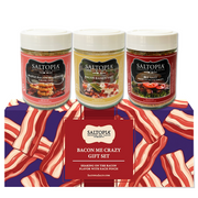 Bacon Lovers Gift Set featuring Maple Bacon, Bacon Ranch, and Classic BLT infused sea salts in three 6oz shaker-top glass jars.
