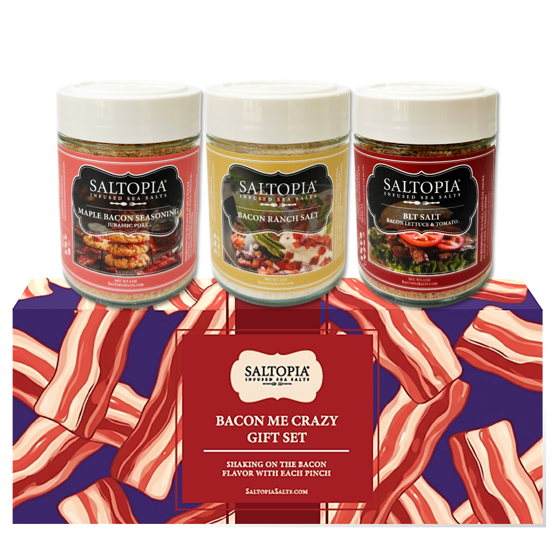 Bacon Lovers Gift Set featuring Maple Bacon, Bacon Ranch, and Classic BLT infused sea salts in three 6oz shaker-top glass jars.