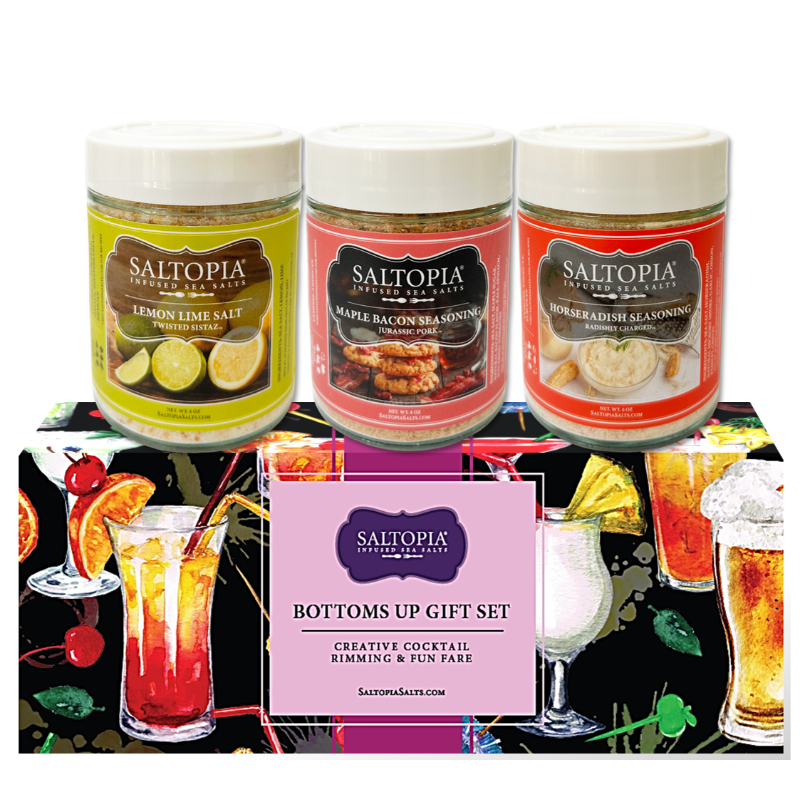 Cocktail salts including lemon lime, maple bacon, horseradish for cocktails and snack foods. Gourmet flavors for fun drinks and fare from SALTOPIA.