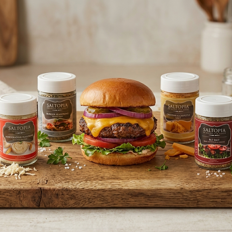 What are the best seasonings for making burgers on the grill? Try award winning seasonings from SALTOPIA for your burgers featuring 4 flavors including smoked applewood, horseradish, cheddar & chipotle and BLT.