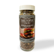 16oz bulk jar of Smoky Burger Seasoning with Smoked Alderwood Sea Salt, garlic, and herbs for burgers, stews, and salmon.