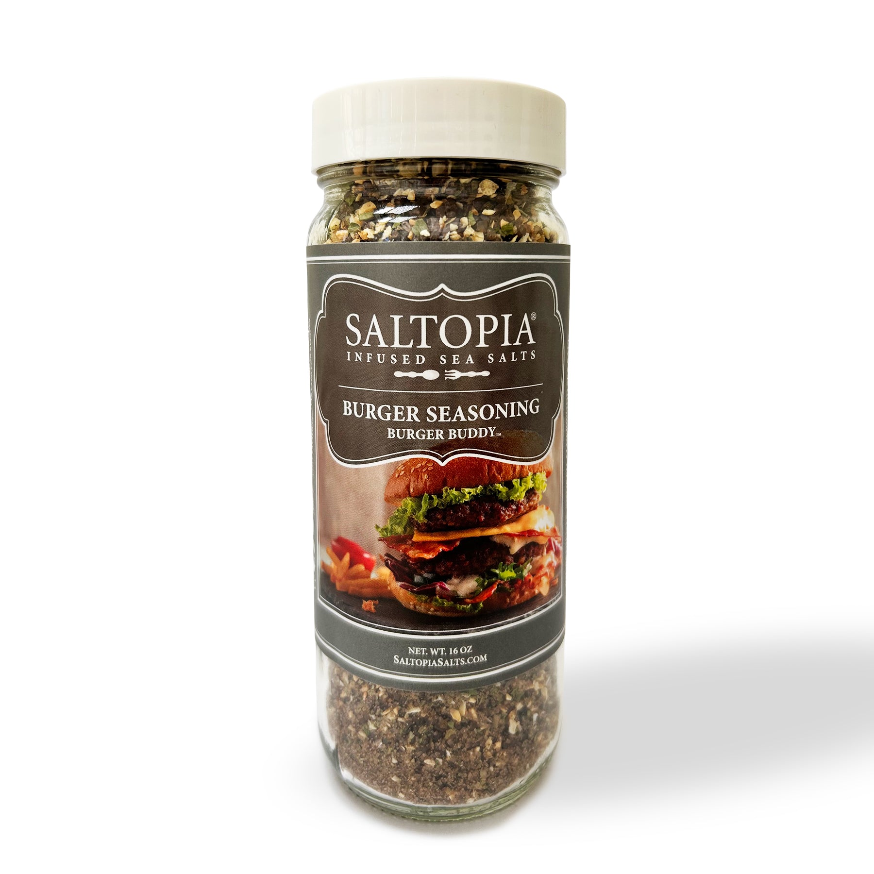 16oz bulk jar of Smoky Burger Seasoning with Smoked Alderwood Sea Salt, garlic, and herbs for burgers, stews, and salmon.