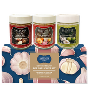 Garlic Lovers Gift Set featuring Pure Garlic, Garlic Onion, and Lime Garlic infused sea salts in three 6oz shaker-top glass jars
