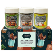 Gourmet Cooks Survival Kit Gift Set featuring Poultry, Burger, and Lemon Pepper seasonings in three 6oz glass jars.