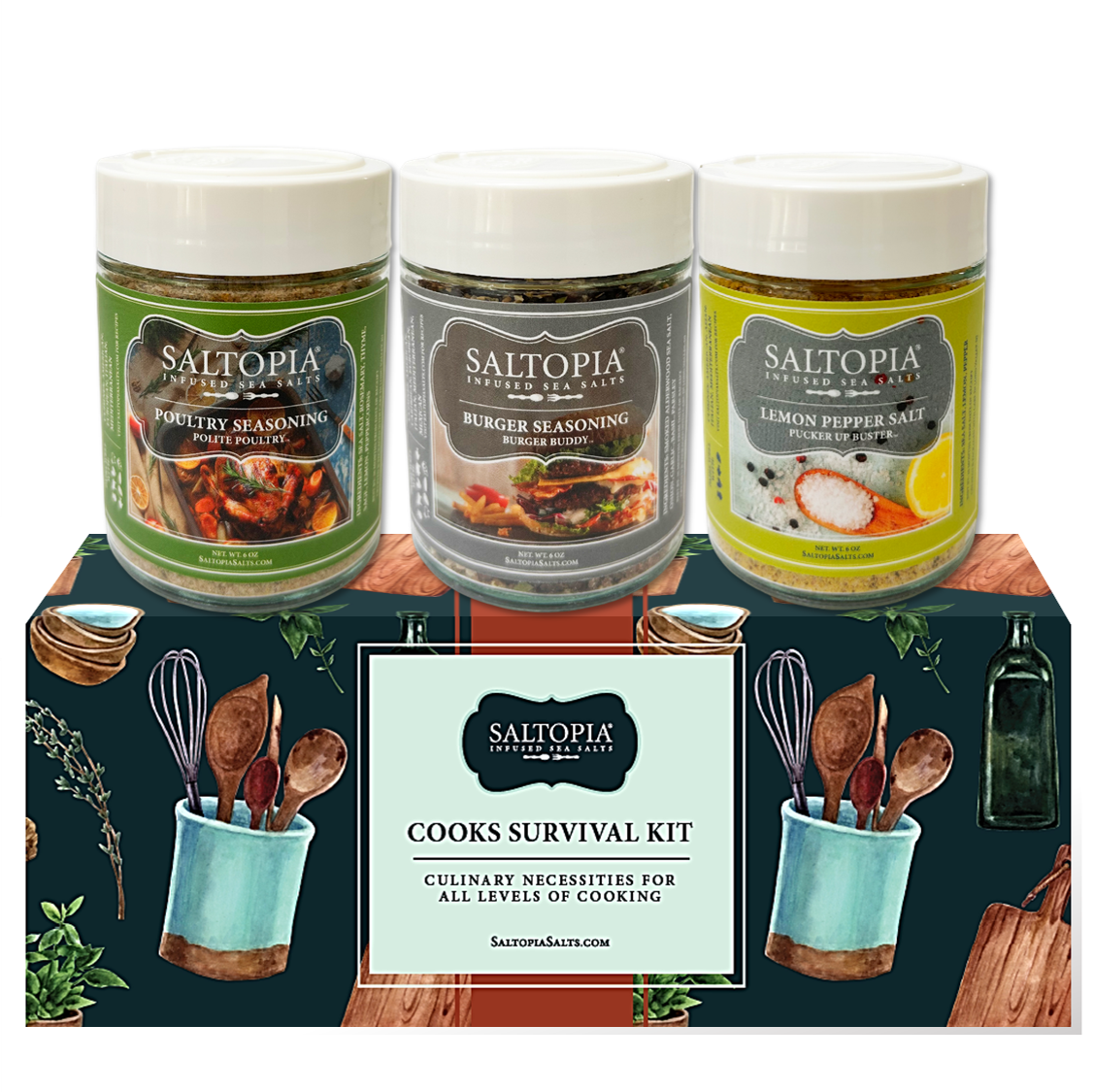 Gourmet Cooks Survival Kit Gift Set featuring Poultry, Burger, and Lemon Pepper seasonings in three 6oz glass jars.