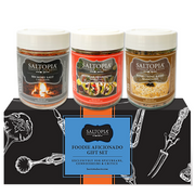 Gourmet Sea Salt Gift Set featuring Everything Bagel, Hickory Smoked, and Mexican seasonings in 6oz glass jars with a decorative gift sleeve.