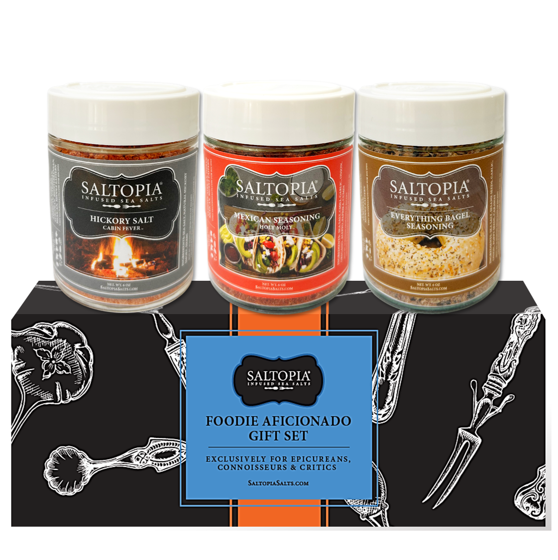 Gourmet Sea Salt Gift Set featuring Everything Bagel, Hickory Smoked, and Mexican seasonings in 6oz glass jars with a decorative gift sleeve.