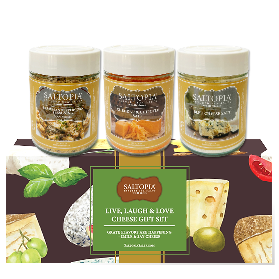 Cheese Lovers Gift Set featuring Bleu Cheese, Cheddar Chipotle, and Parmesan Black Truffle gourmet infused sea salts in three 6oz glass jars.