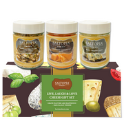 Cheese Lovers Gift Set featuring Bleu Cheese, Cheddar Chipotle, and Parmesan Black Truffle gourmet infused sea salts in three 6oz glass jars.