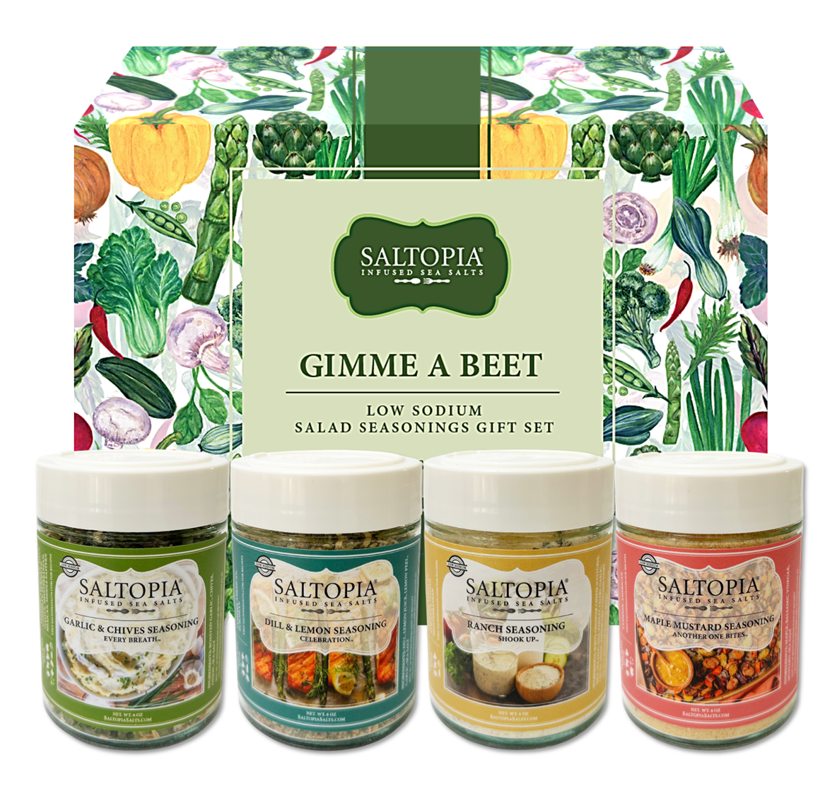 Low sodium salad seasoning gift set with Garlic Chives, Ranch, Maple Mustard, and Dill Lemon blends for healthy dressings and vegetables.