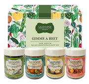 Low sodium salad seasoning gift set with Garlic Chives, Ranch, Maple Mustard, and Dill Lemon blends for healthy dressings and vegetables.