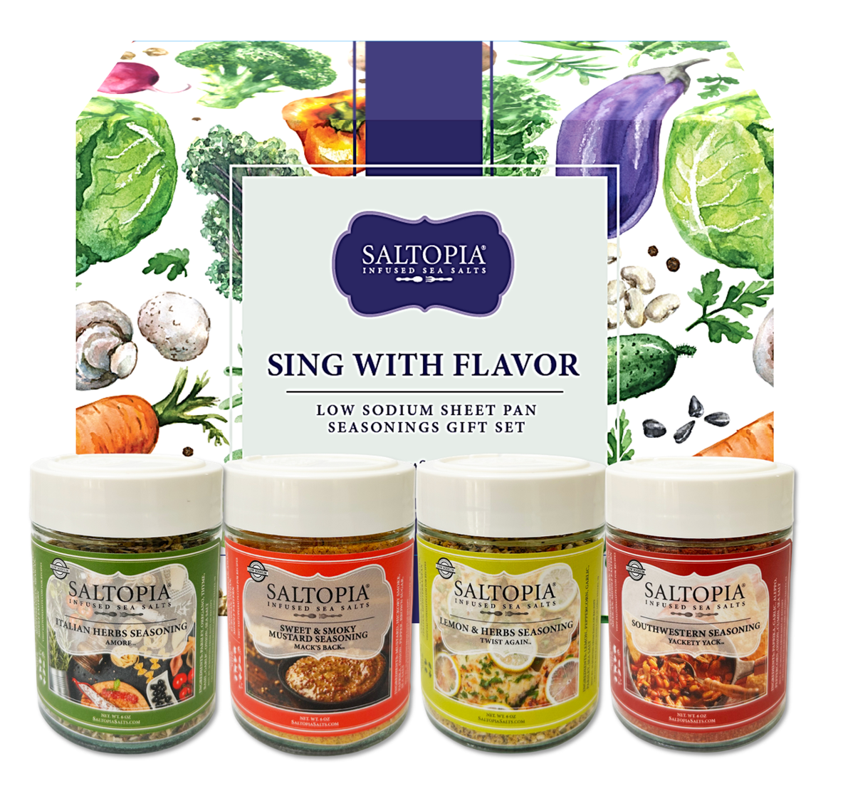 Low sodium seasoning gift set with Italian Herbs, Sweet Smoky Mustard, Lemon Herb, and Southwestern blends for healthy meal prep.