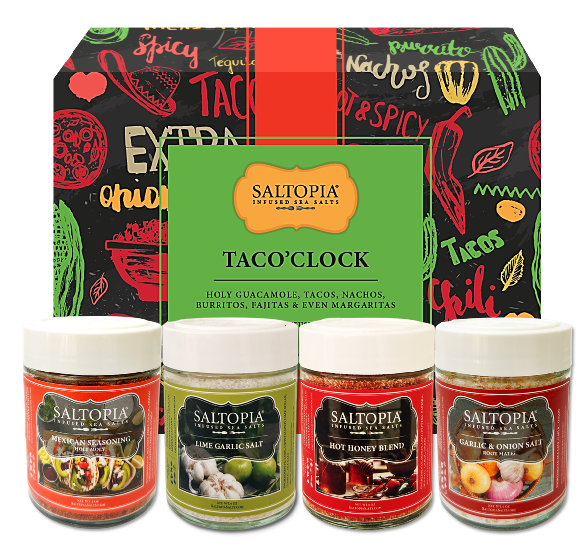 Mexican food seasoning gift set with Mexican blend, Lime Garlic salt, Hot Honey, and Garlic Onion sea salt for tacos, nachos, and margaritas.