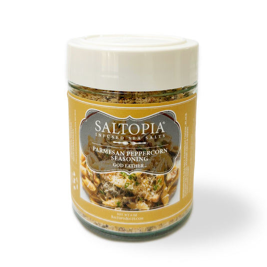 Gourmet Parmesan Black Truffle Seasoning with Italian truffles and cracked peppercorns for popcorn, pasta, and fries.