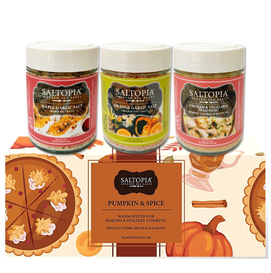Fall seasoning blends for elevated gourmet cooking includes maple garlic, orange ginger and a chicken & herbs blend.