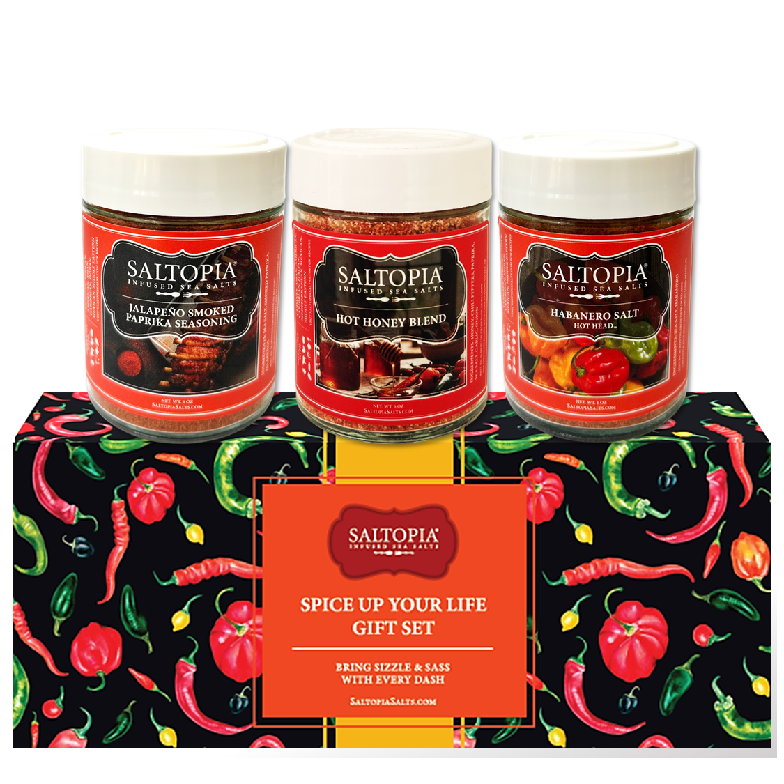 Spice Lovers Gift Set with three 6oz glass jars of Jalapeño Smoked Paprika, Habañero, and Hot Honey infused sea salts in a decorative gift box.