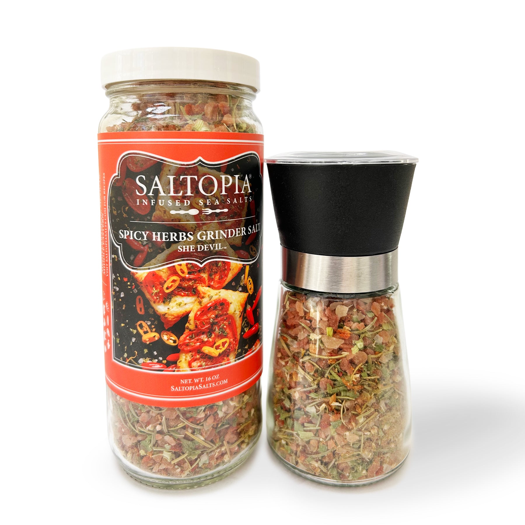 Spicy herbal Pink Himalayan salt with serrano pepper, Aleppo pepper, sun-dried tomatoes, and chives for seasoning meats, fish, and eggs.