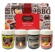 BBQ grilling sea salt gift set with Smoked Hickory, Smoked Alderwood, Smoky Grapefruit, and Maple Garlic seasonings for meats and burgers.