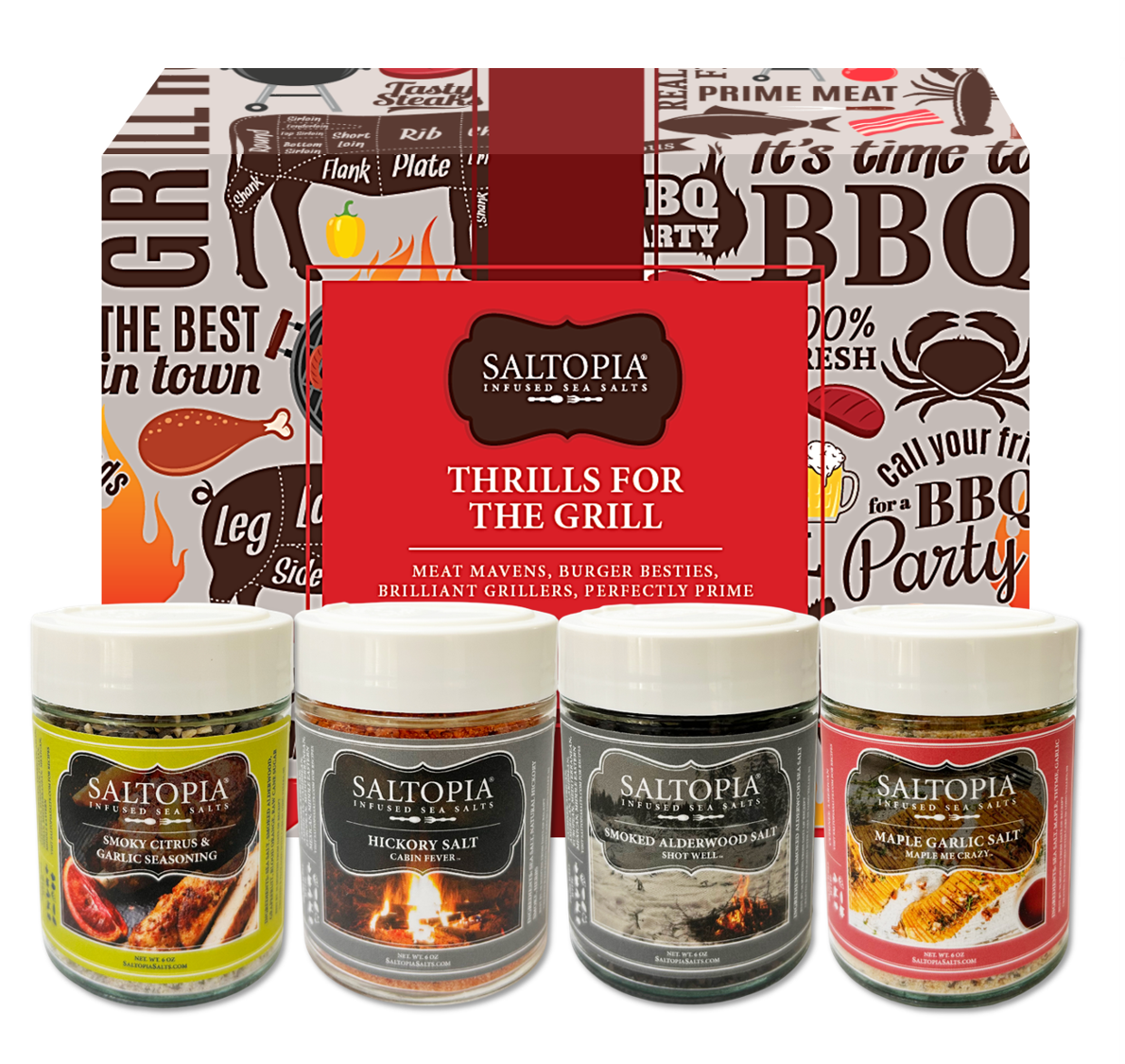 BBQ grilling sea salt gift set with Smoked Hickory, Smoked Alderwood, Smoky Grapefruit, and Maple Garlic seasonings for meats and burgers.
