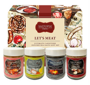 Meat seasoning gift set with Smoked Applewood, Lemon Pepper, Maple Hickory, and Garlic sea salts for grilling steak, pork, and chicken.