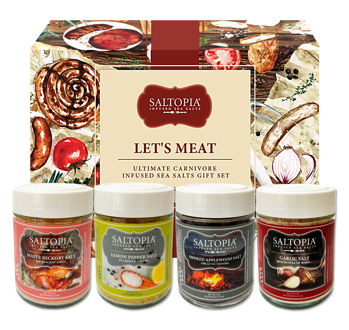 Meat seasoning gift set with Smoked Applewood, Lemon Pepper, Maple Hickory, and Garlic sea salts for grilling steak, pork, and chicken.