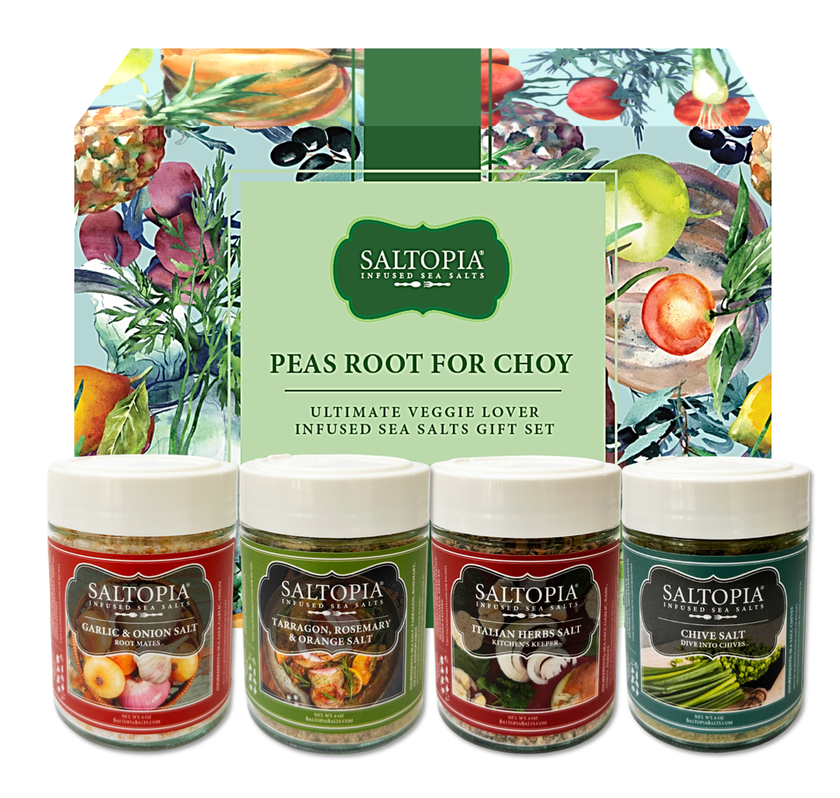 Vegetable seasoning gift set with Italian Herbs, Garlic Onion, Chive, and Tarragon Rosemary Orange infused sea salts for healthy roasted veggies.