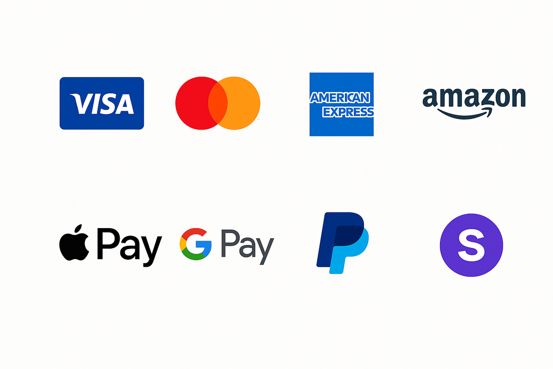 credit cards, Amazon Pay, Apple Pay, Google Pay, PayPal, Shop App