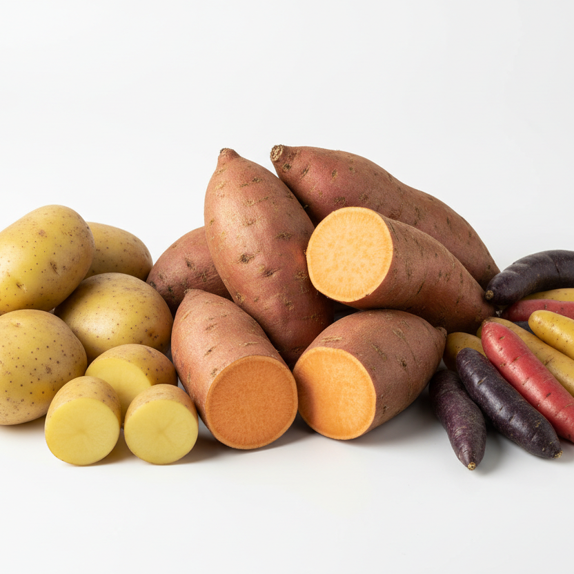 variety of sweet potatoes, yukon potatoes, fingerling potatoes raw and isolated